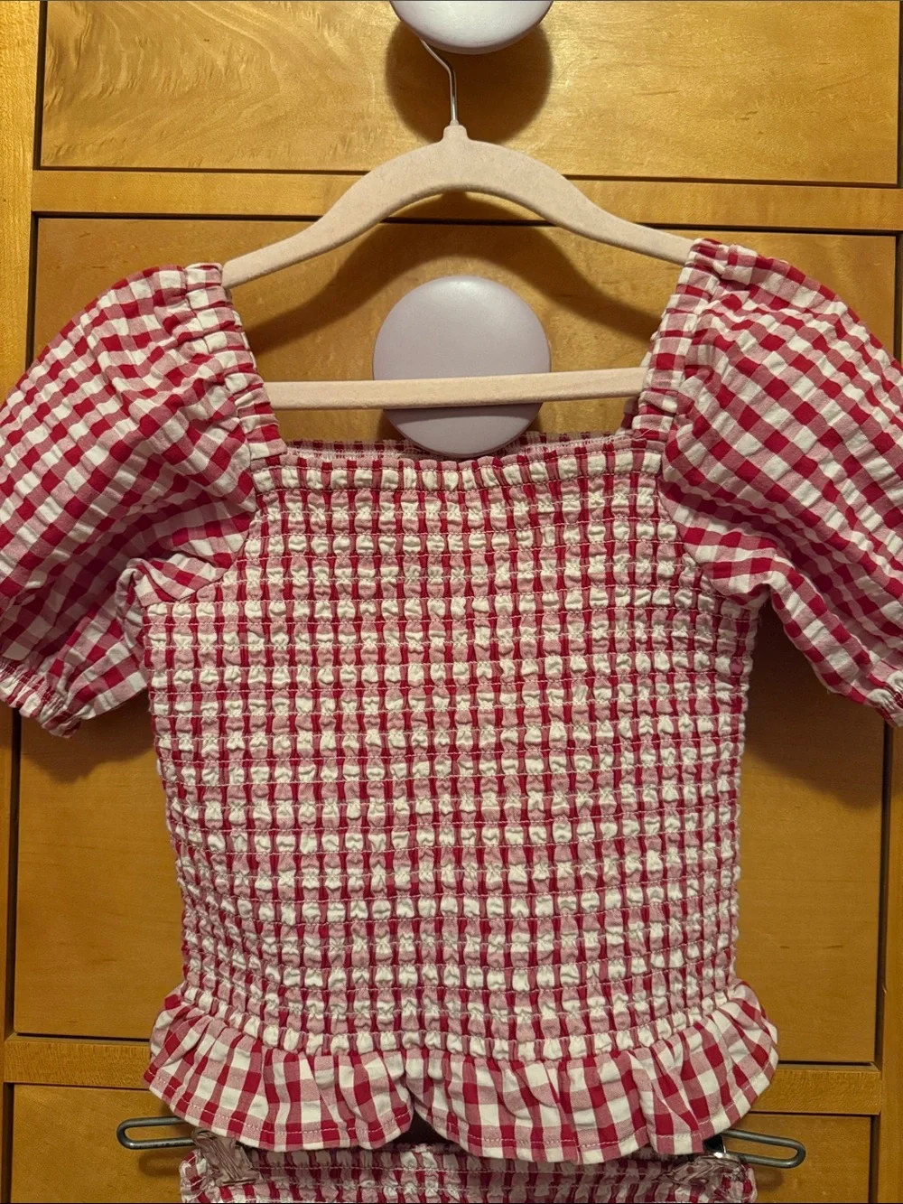 Red Gingham Smocked Two-Piece Set for Girls Size 7 - Puff Sleeve Top & Skirt